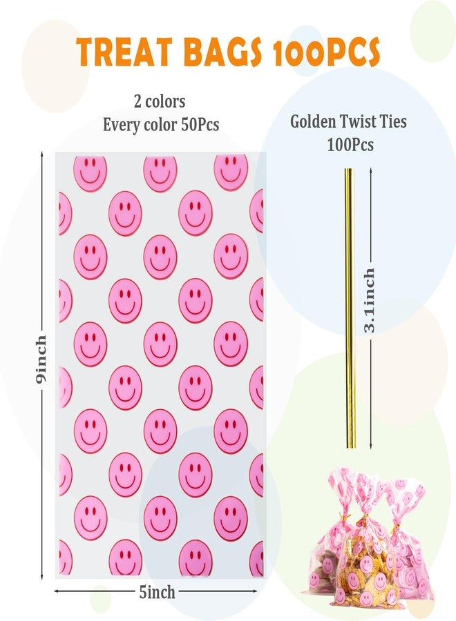 Eunoir 100 Pack Goodie Bags Plastic Gift Bags with Twist Ties 5x9 Inch – Clear Treat Bags with Happy Face Print, Party Favor Bags for Candy, Snacks, Gifts, Events & Celebrations - Image 2